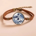 Detail of vintage bronze bracelet with blue porcelain style bird and flower glass cabochon - Blue and White Bird Style 2 (款式2)