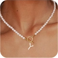 Lustrous pearl necklace with gold OT clasp and sparkling diamond-set letter Y pendant - Gold Y