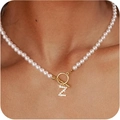 Elegant pearl necklace with gold OT buckle and sparkling letter Z zircon pendant - Gold Z
