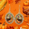 Silver-tone Thanksgiving turkey earrings with harvest pumpkin and corn background - Silver