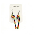 Detailed close-up of rainbow candy cane clay earrings on fashion jewelry card - Multicolor Spiral Striped Style
