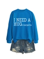 Detail of blue crewneck sweatshirt with I Need a Huge Margarita print and denim shorts - S / White Font / Lake Blue