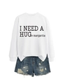 Flat lay of white crewneck sweatshirt with 'I NEED A HUGE MARGARITA' and denim shorts - S / Black Font / White