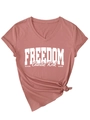 Detail of V-neck dusty pink t-shirt with freedom text and front knot design - Dark Pink