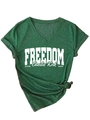 Detail of V-neck dark green t-shirt with Freedom Charlie Kirk print and knotted hem - Vintage Green