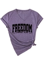 Detail of purple V-neck T-shirt with Freedom print and stylish front knot hem - Deep purple