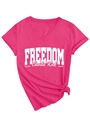 Detail of rose pink V-neck T-shirt featuring Freedom print and stylish front knot hem - Rose Red
