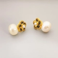 Elegant camellia flower earrings with fresh water pearls and sparkling crystal details - Black and White Flower Studs