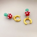 Colorful mushroom dangle earrings with hammered gold hoops and red resin spotted caps - Gold (Red Mushroom)