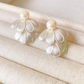 Elegant silver brushed double-layer petal stud earrings with round freshwater pearls - Double Layer
