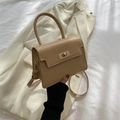 Classic khaki square handbag with gold metal lock and adjustable shoulder strap - Khaki