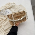 Geflochtene Strandtasche aus Rattan mit Perlengriff und Kordelzugfutter für Damen - Stil 1 (Perlengriff)