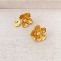 French vintage asymmetric gold floral studs with cubic zirconia and 925 silver needles - Cherry Blossom Style (GY2293447) / Gold