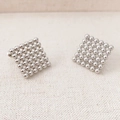Minimalist square bead studs in 925 silver finish with modern geometric texture - Silver