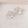 Vintage asymmetric S925 silver flower stud earrings with zircons on linen fabric - Cherry Blossom Style (GY2293447) / Silver