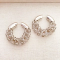 Handmade woven crystal hoop earrings with champagne beads and polished silver finish - Gray