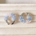 Chic beaded hoop earrings with blue and pink faceted crystals on polished silver hooks - Colorful