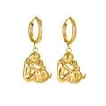 Gold plated stainless steel hoop earrings featuring girl hugging dog charm pendant - Gold