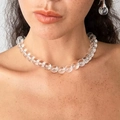 Minimalist clear beaded necklace and earrings set shown on model for elegant style - White Crystal Beaded