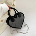 Fashion heart shaped handbag in black leather with silver studs and chain strap - Silver