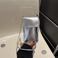 Sleek metallic silver crossbody cell phone bag in shiny patent leather finish - Silver