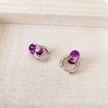 Silver hoop earrings with purple resin cylinders containing dried flowers on fabric - Silver Hoop Purple Dried Flower Style / Purple