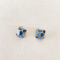 Modern geometric square stud earrings with colorful blue enamel and gold finish - Blue
