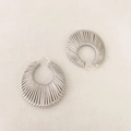 Pair of vintage silver textured hoop earrings with radial ribbed patterns and clasp closure - Silver Gray