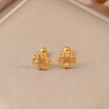 Elegant gold clover stud earrings with white mother of pearl hearts on velvet - Heart Clover (E196) / Gold White Mother of Pearl