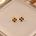 Exquisite 18K gold-plated four-leaf clover stud earrings with black heart-shaped shells - Heart Clover (E196) / Gold Black Mother of Pearl