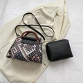 Ethno-Webtasche Set mit runden Holzgriffen und schwarzer Innentasche für Damen - 2-teiliges Set (Tote + Innentasche) / Schwarz