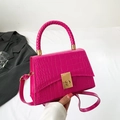 Hot pink crocodile pattern mini bag with gold twist lock and woven handle - Rose Red