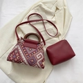 Vintage gewebte Beuteltasche mit Holzgriff und passendem rotem Beutel im Set - 2-teiliges Set (Tote + Innentasche) / Rot