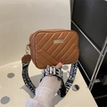 Brown quilted crossbody camera bag with wide printed strap and golden hardware - Brown