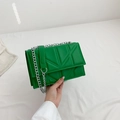 V-quilted green square crossbody bag with chunky silver chain strap for women - Green