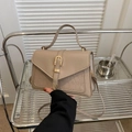 Beige faux leather handbag with crocodile pattern detail and gold metal buckle - Khaki
