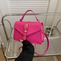 Magenta crocodile embossed structured small square handbag with golden buckle and strap - Rose Red