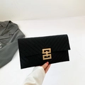 Black felt envelope clutch with V-shaped quilting and gold buckle for women - Black