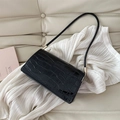Glossy black crocodile pattern shoulder bag with elegant gold hardware and thin strap - Black