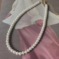 French style 7mm pearl necklace with golden lobster clasp and adjustable extension chain - 7mm Pearl Necklace / White