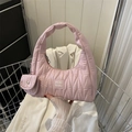 Pink quilted crescent underarm bag with a matching small coin purse in soft PU leather - Pink