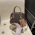 Vintage Boston handtas met geometrisch patroon, kleine muntzak en riem - Khaki