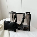 Grey transparent PVC tote bag with colorful rhinestones and black inner pouch set - Black