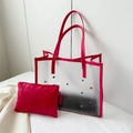 Fuchsia PVC transparent jelly tote bag with colorful rivets and inner zipper pouch - Rose Pink