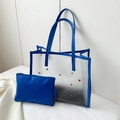 Royal blue transparent PVC jelly tote bag with colorful rivets and matching pouch - Blue