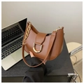 Brown leather hobo shoulder bag with gold D-ring buckle and decorative chain - Brown