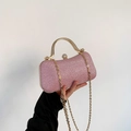 Pink glitter evening clutch bag with gold round handle and elegant pearl clasp closure - Pink