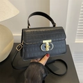 Elegant black crocodile embossed handbag with golden buckle and detachable strap - Black