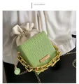 Green checkered square bucket bag with gold chain strap and drawstring closure - Green
