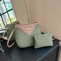 Olive green and cream contrast trapezoid crossbody bag set with lychee grain leather - Green